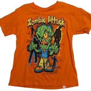 Rudeboyz Y2K orange zombie attack graphic print‎ T-shirt florescent size medium